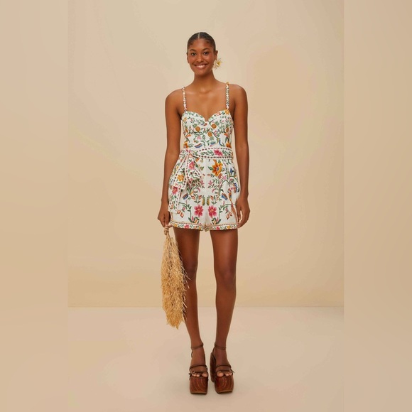 New w/o Tags: FARM Rio Off-White Delicate Forest Euroflax™ Premium Linen Romper - Picture 1 of 5